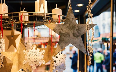 Decorations on a stall at a Christmas market in Linz, Austria